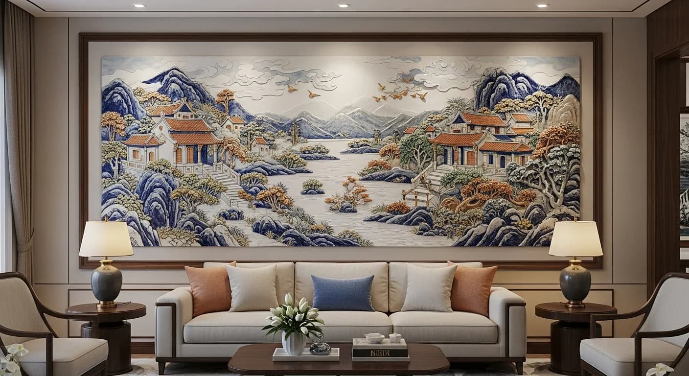 Cách chọn tranh gốm sứ cho phòng khách hợp phong thủy