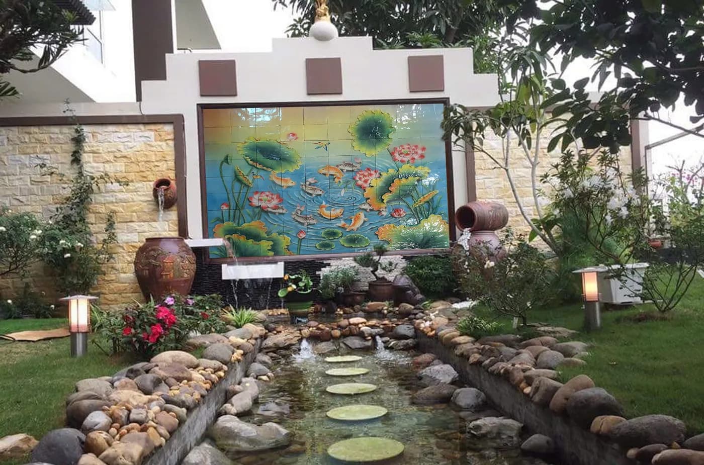 Tranh Gốm Đắp Nổi Nghệ Thuật "Lý Ngư Vọng Nguyệt" - Tranh Gốm Sứ Đắp Nổi